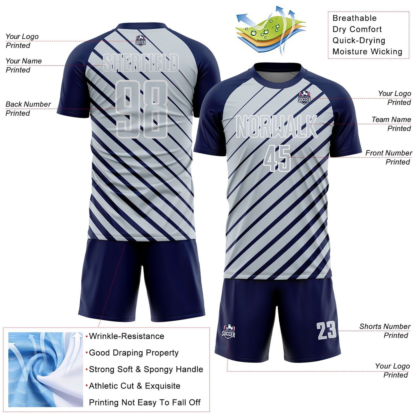Custom Navy Silver-White Lines Sublimation Soccer Uniform Jersey Limited