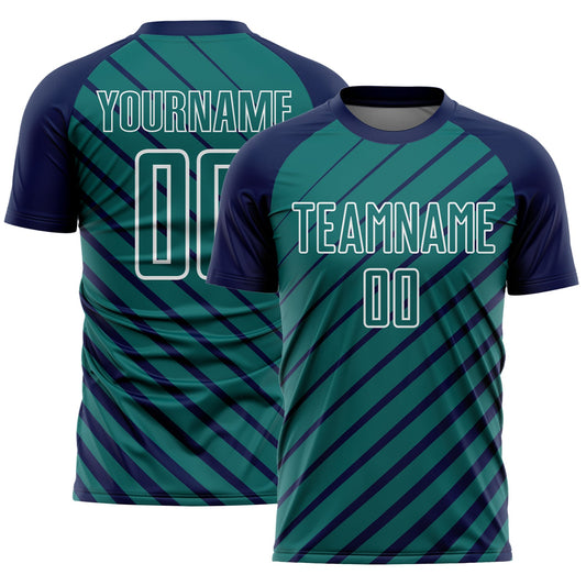 Custom Navy Teal-White Lines Sublimation Soccer Uniform Jersey
