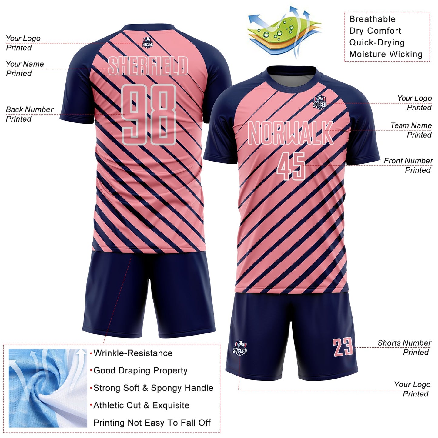 Custom Navy Medium Pink-White Lines Sublimation Soccer Uniform Jersey Limited