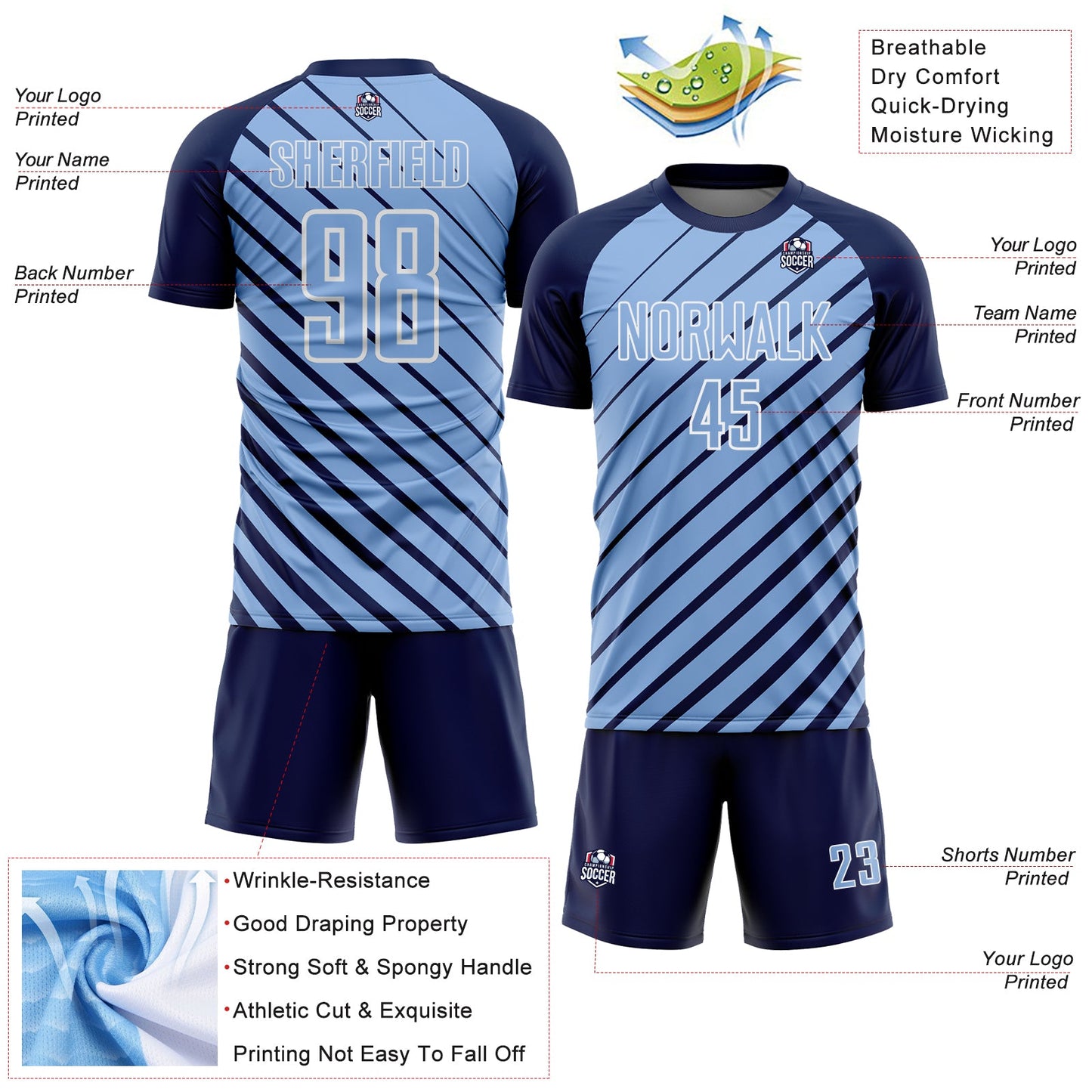 Custom Navy Light Blue-White Lines Sublimation Soccer Uniform Jersey Limited