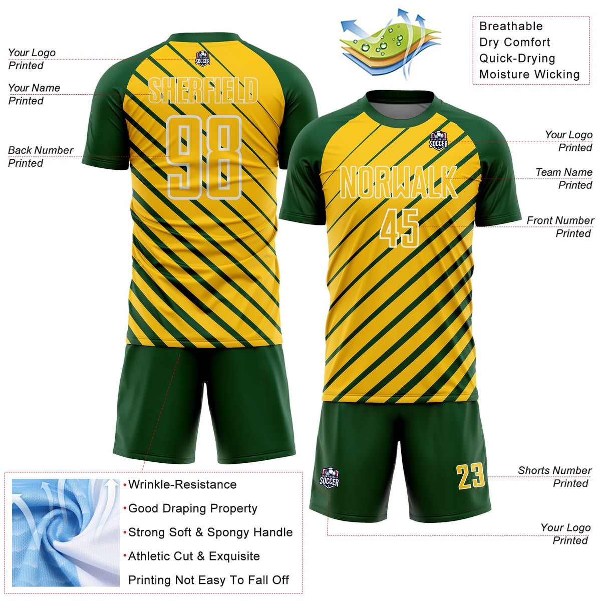 Custom Green Yellow-White Lines Sublimation Soccer Uniform Jersey Limited
