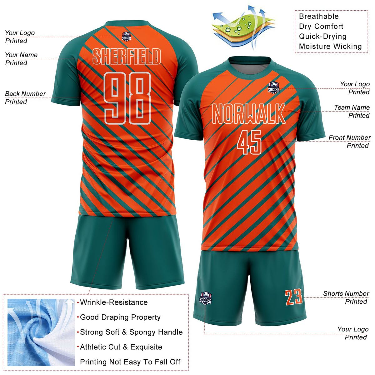 Custom Teal Orange-White Lines Sublimation Soccer Uniform Jersey Limited