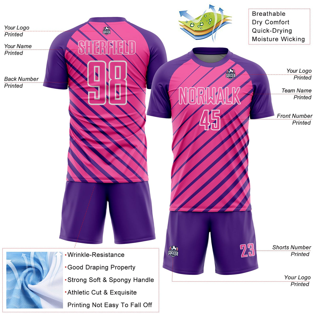 Custom Purple Pink-White Lines Sublimation Soccer Uniform Jersey Limited