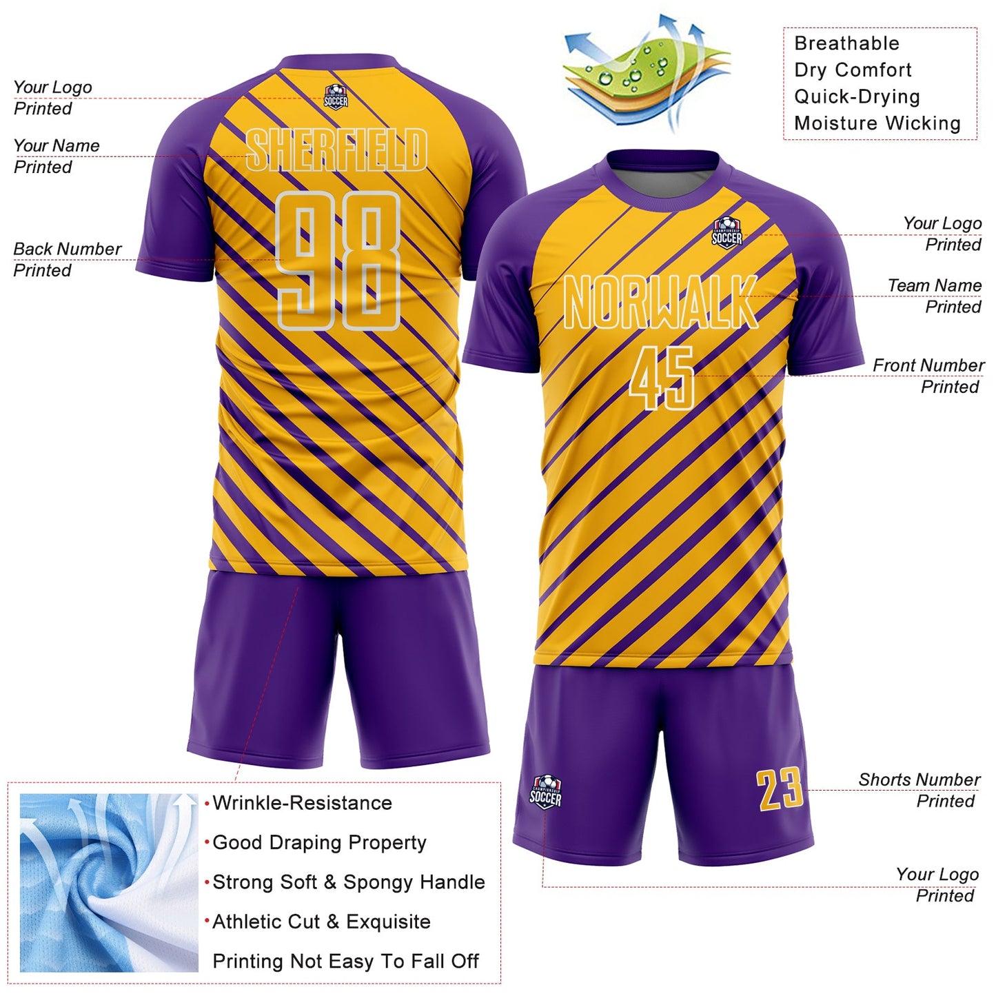 Custom Purple Gold-White Lines Sublimation Soccer Uniform Jersey Limited