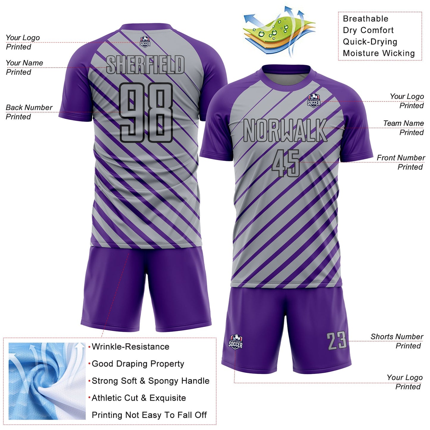 Custom Purple Gray-Black Lines Sublimation Soccer Uniform Jersey Limited