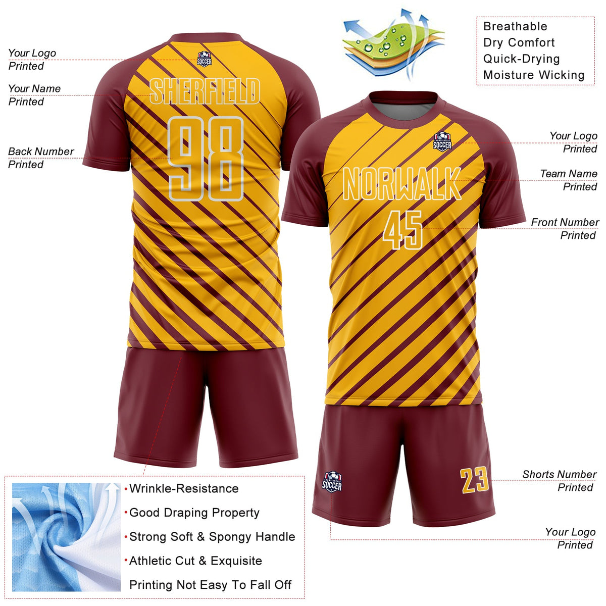 Custom Burgundy Gold-White Lines Sublimation Soccer Uniform Jersey Limited