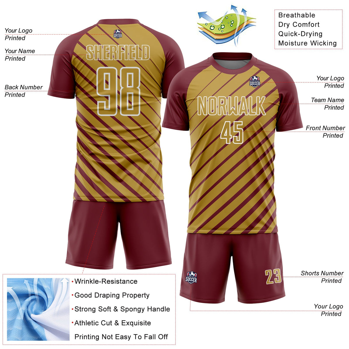 Custom Burgundy Old Gold-White Lines Sublimation Soccer Uniform Jersey Limited