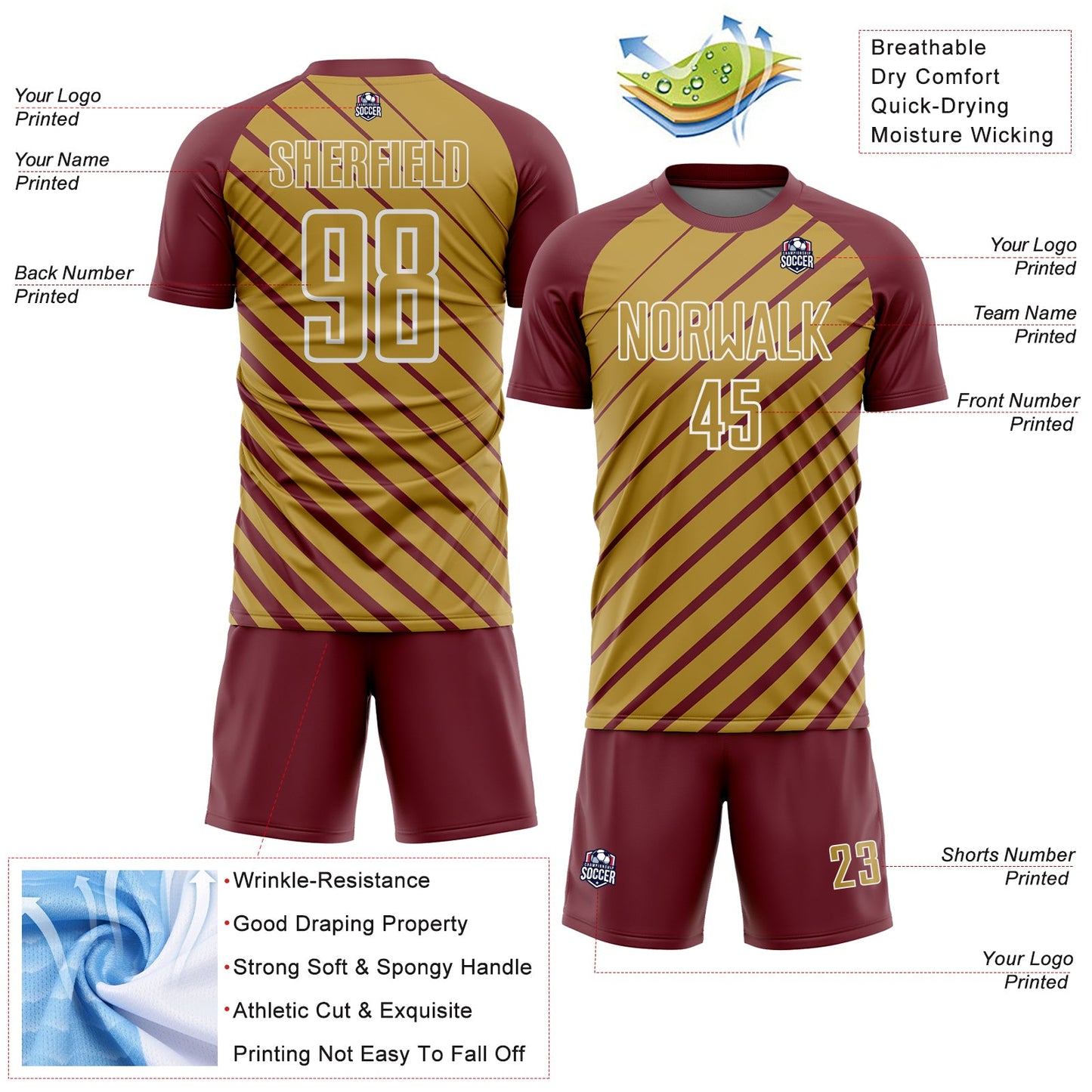 Custom Burgundy Old Gold-White Lines Sublimation Soccer Uniform Jersey Limited