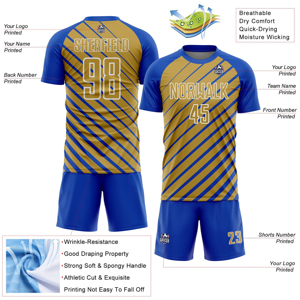 Custom Thunder Blue Old Gold-White Lines Sublimation Soccer Uniform Jersey Limited