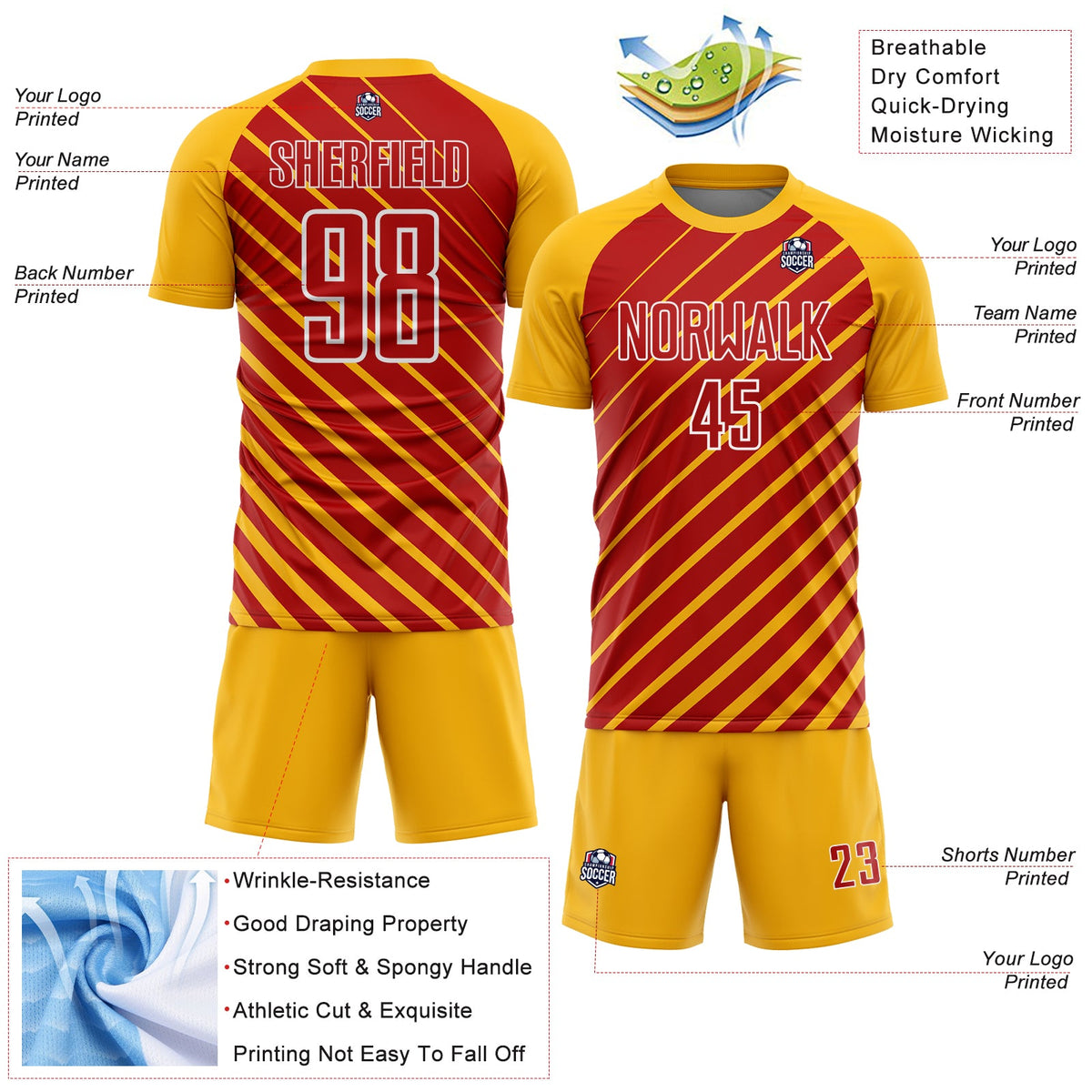 Custom Gold Red-White Lines Sublimation Soccer Uniform Jersey Limited