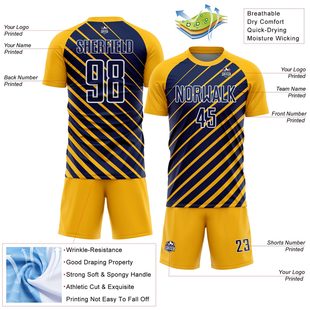Custom Gold Navy-White Lines Sublimation Soccer Uniform Jersey Limited