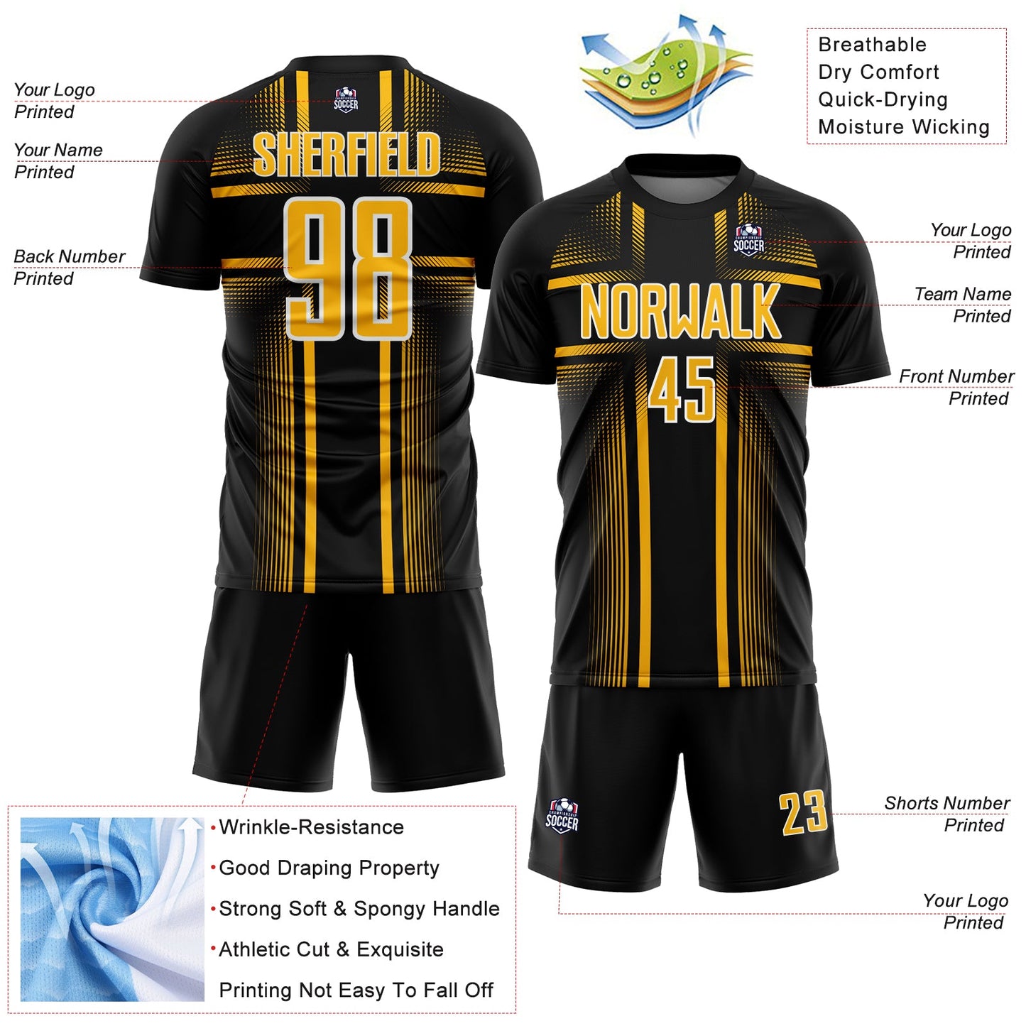 Custom Black Gold-White Lines Sublimation Soccer Uniform Jersey Limited