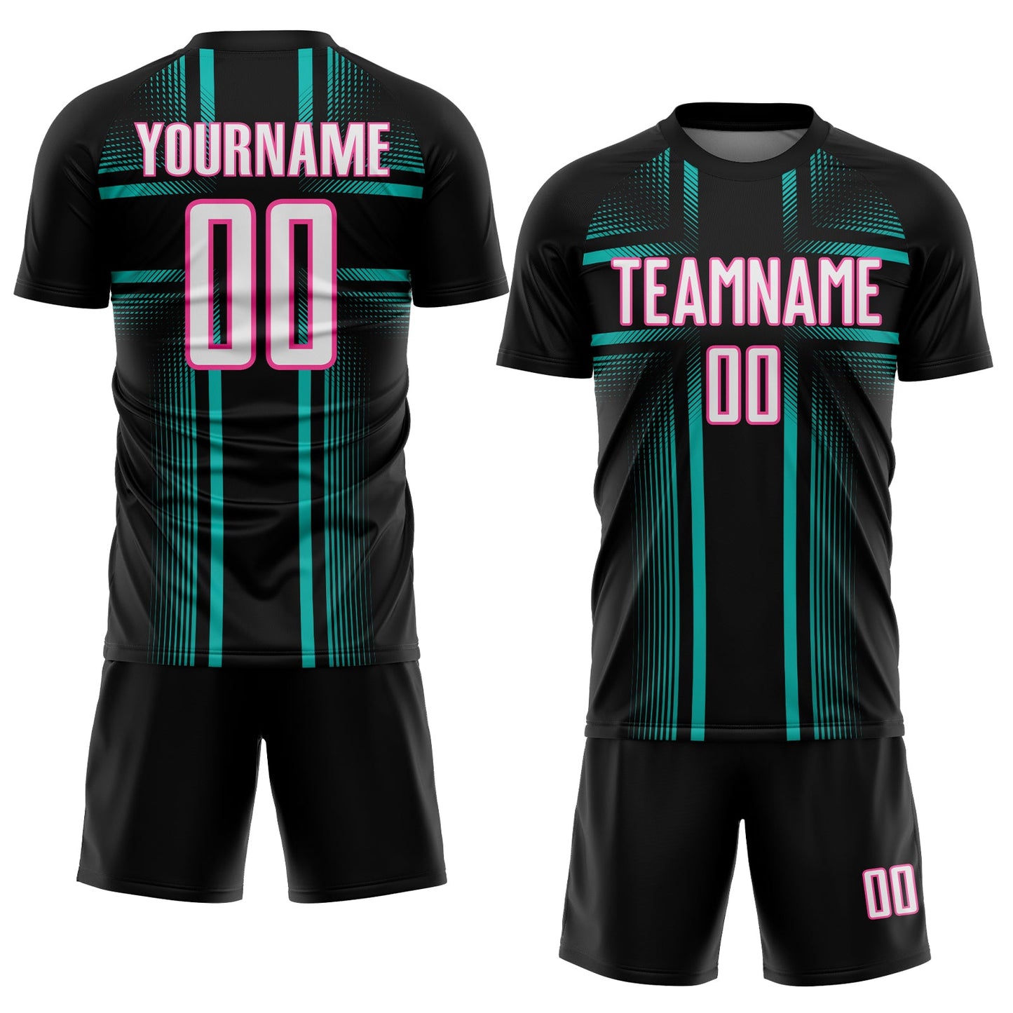 Custom Black White Aqua-Pink Lines Sublimation Soccer Uniform Jersey Limited