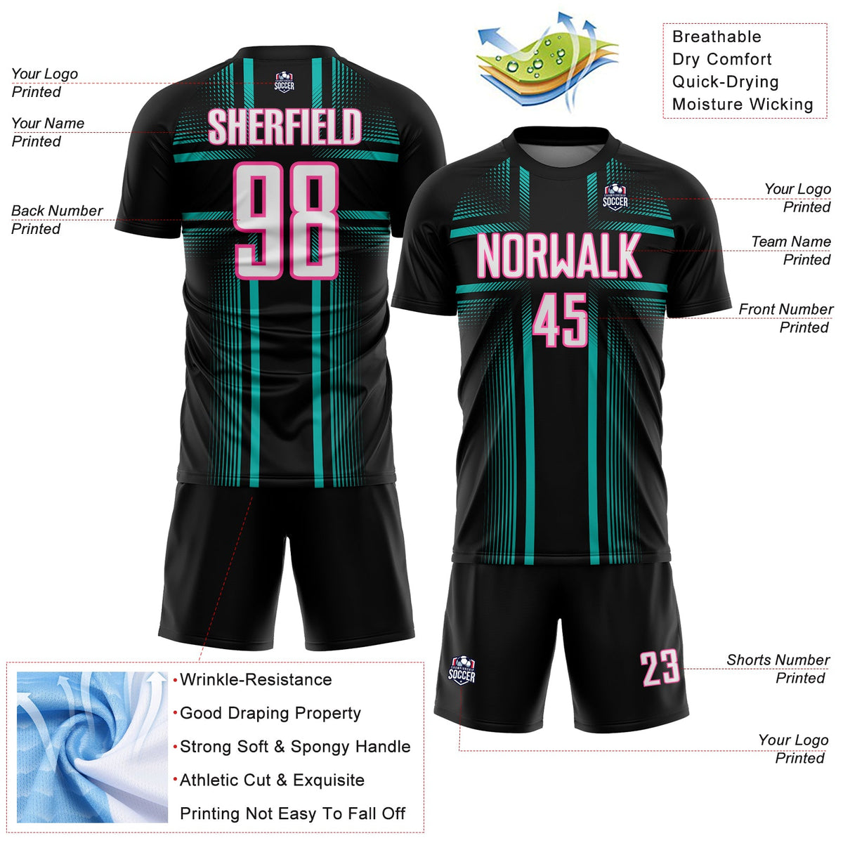 Custom Black White Aqua-Pink Lines Sublimation Soccer Uniform Jersey Limited