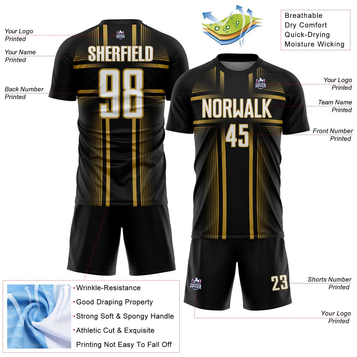 Custom Black White-Old Gold Lines Sublimation Soccer Uniform Jersey Limited