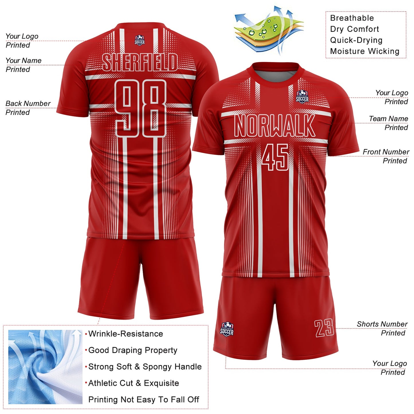 Custom Red White Lines Sublimation Soccer Uniform Jersey Limited