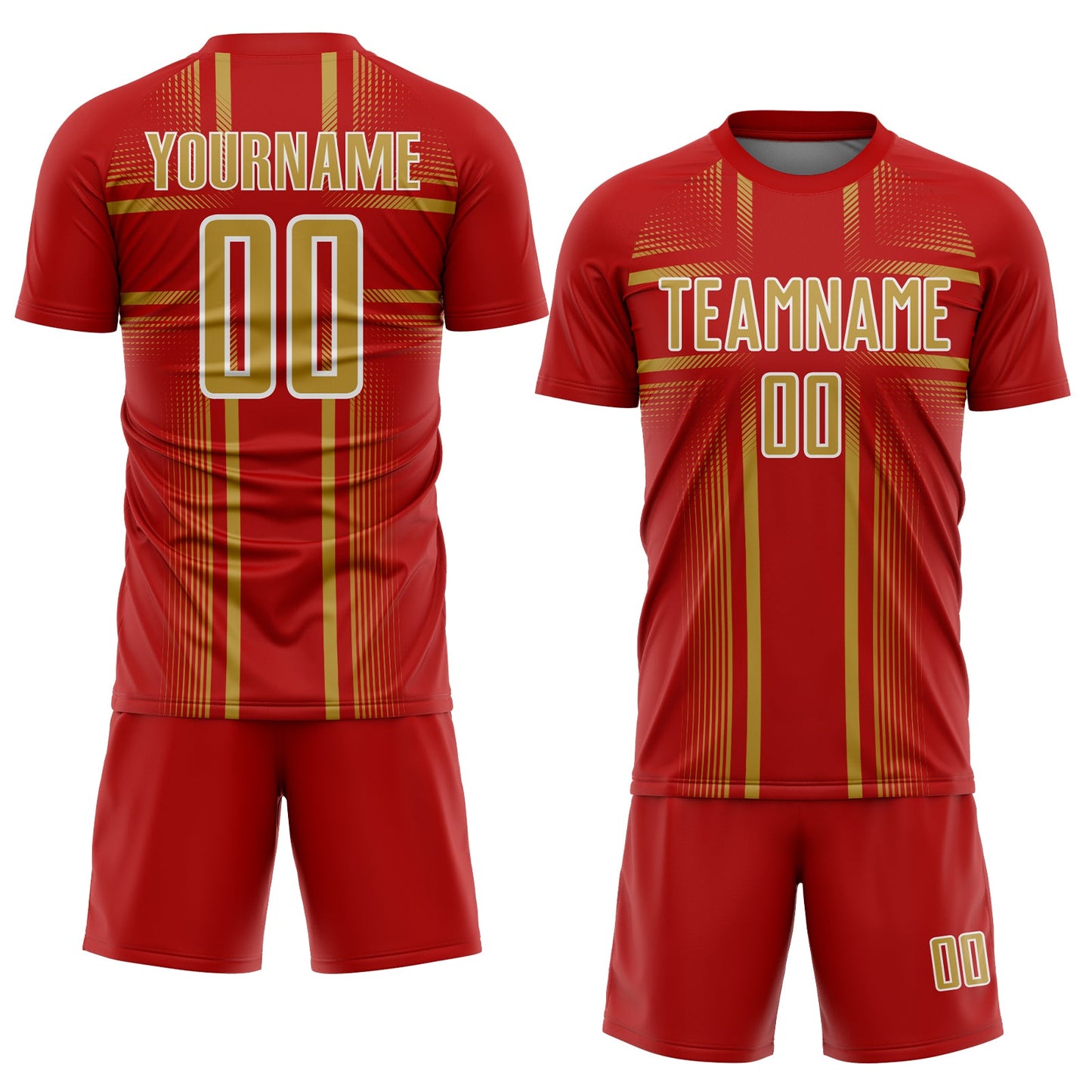 Custom Red Old Gold-White Lines Sublimation Soccer Uniform Jersey Limited