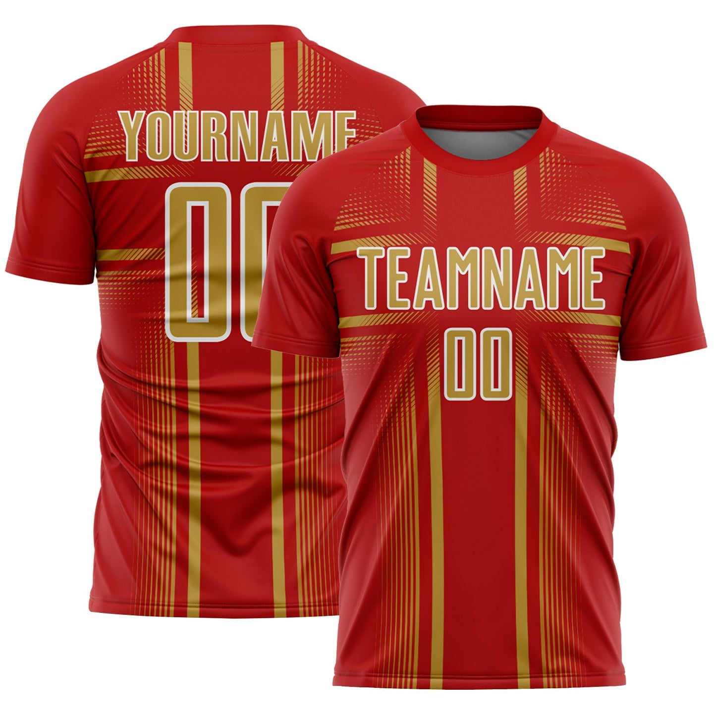 Custom Red Old Gold-White Lines Sublimation Soccer Uniform Jersey