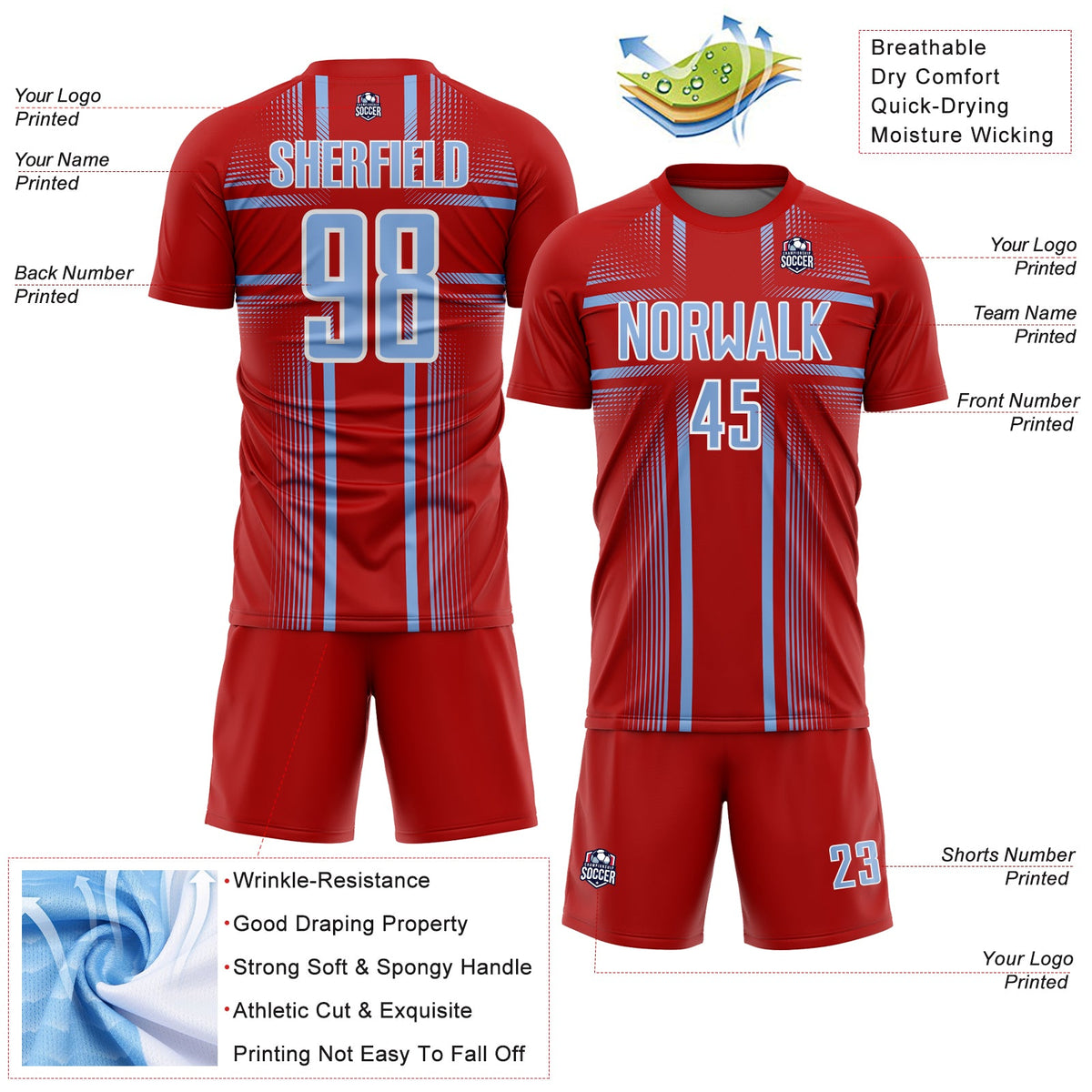 Custom Red Light Blue-White Lines Sublimation Soccer Uniform Jersey Limited