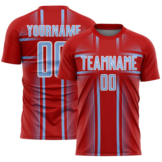 Custom Red Light Blue-White Lines Sublimation Soccer Uniform Jersey