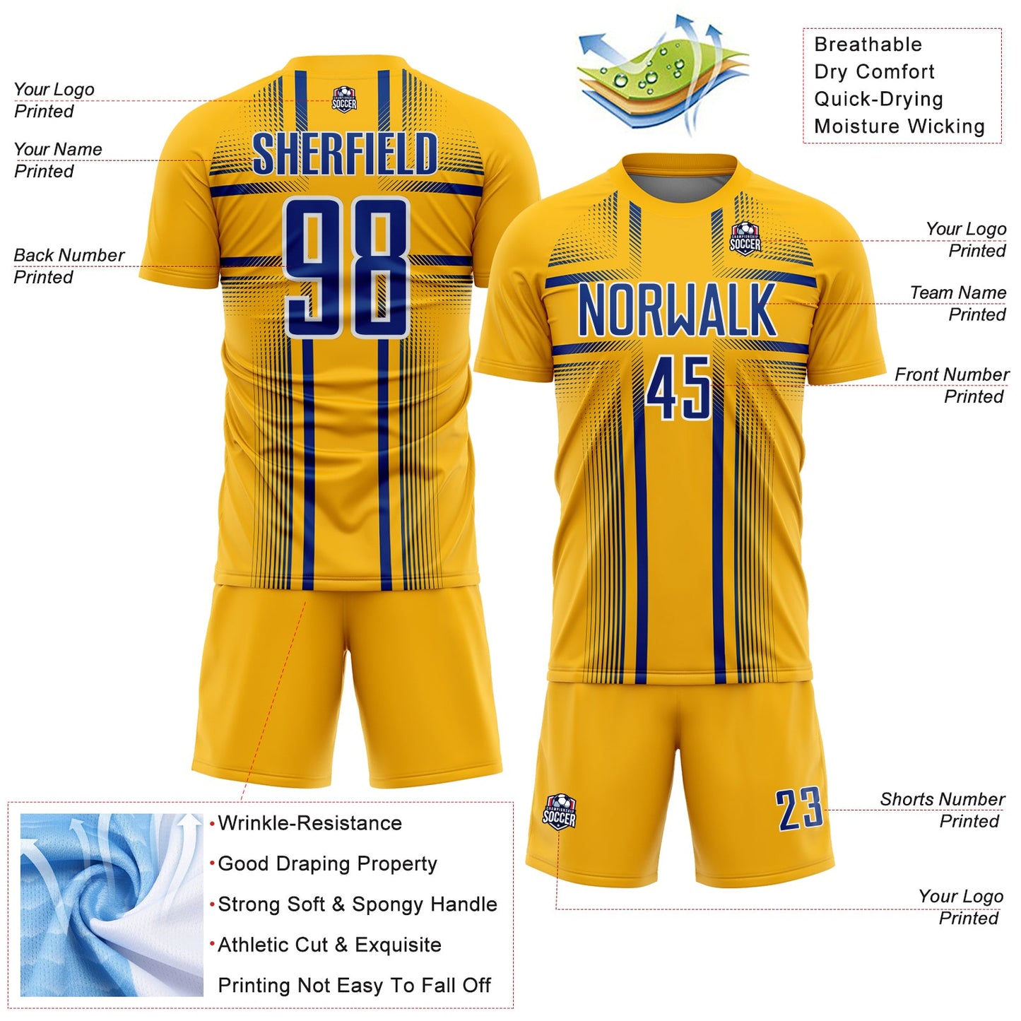 Custom Gold Royal-White Lines Sublimation Soccer Uniform Jersey Limited