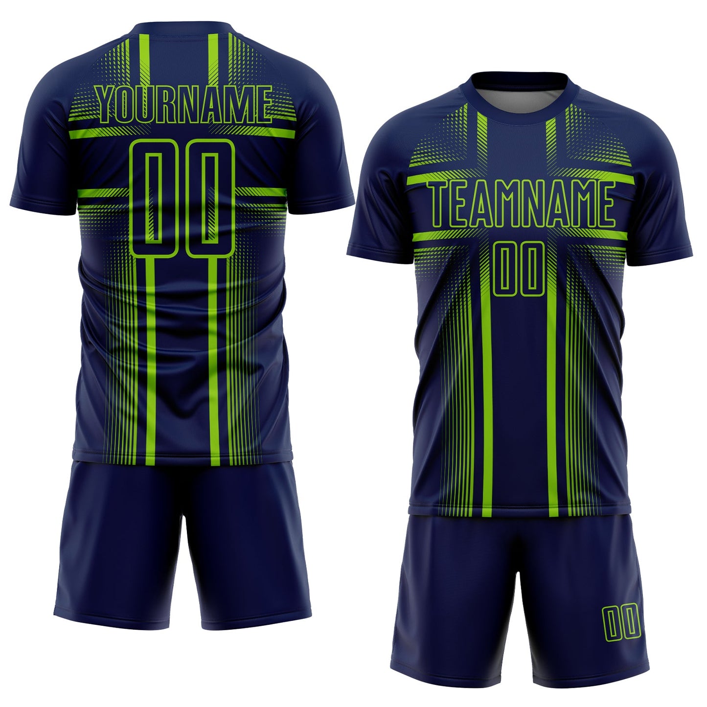 Custom Navy Neon Green-White Lines Sublimation Soccer Uniform Jersey Limited