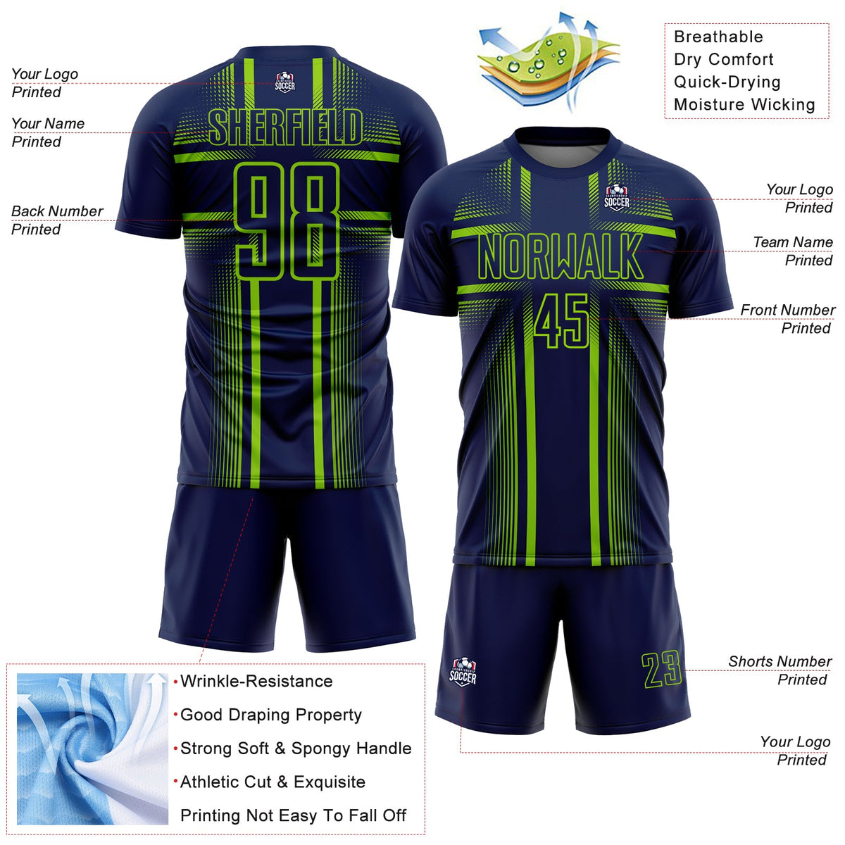 Custom Navy Neon Green-White Lines Sublimation Soccer Uniform Jersey Limited