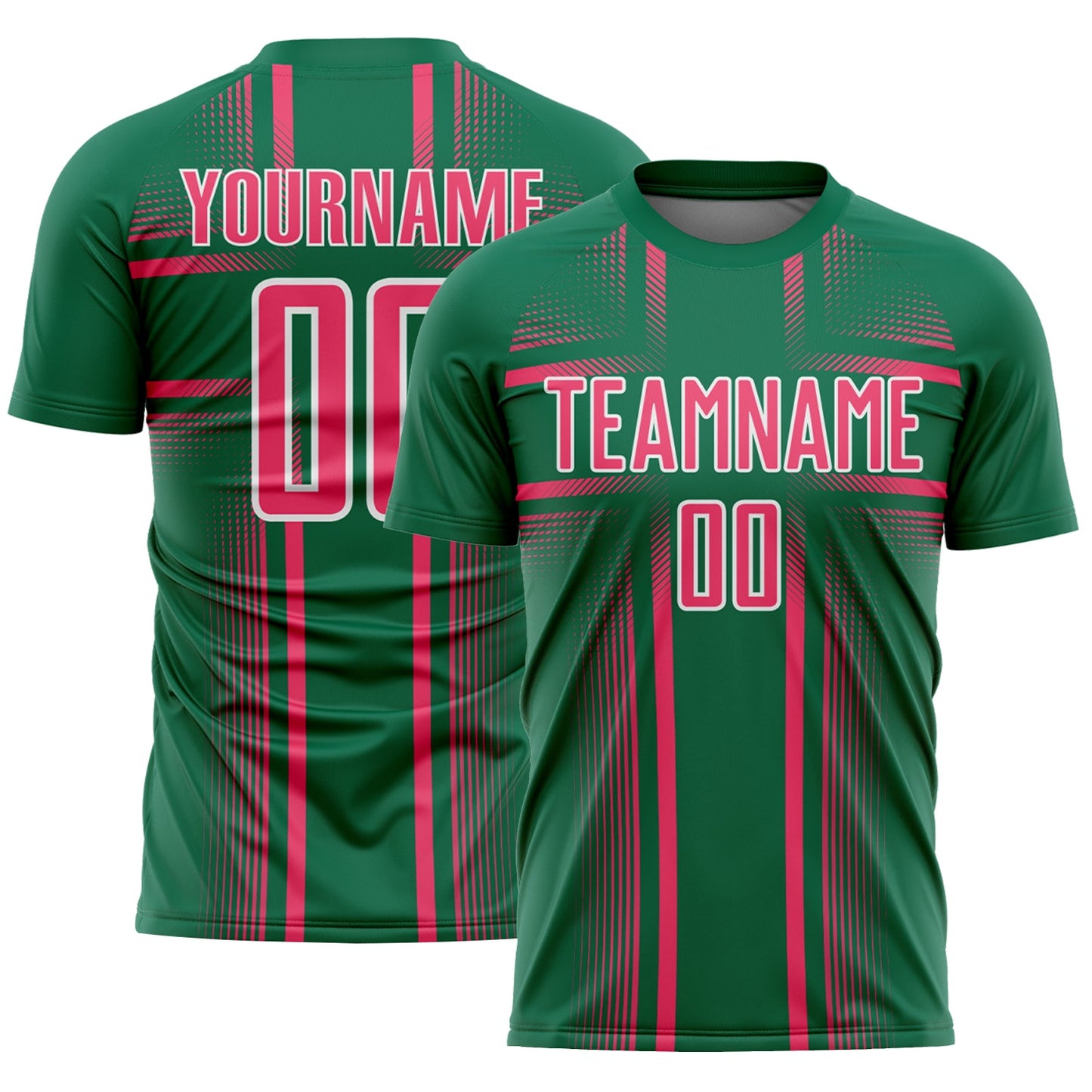 Custom Kelly Green Neon Pink-White Lines Sublimation Soccer Uniform Jersey