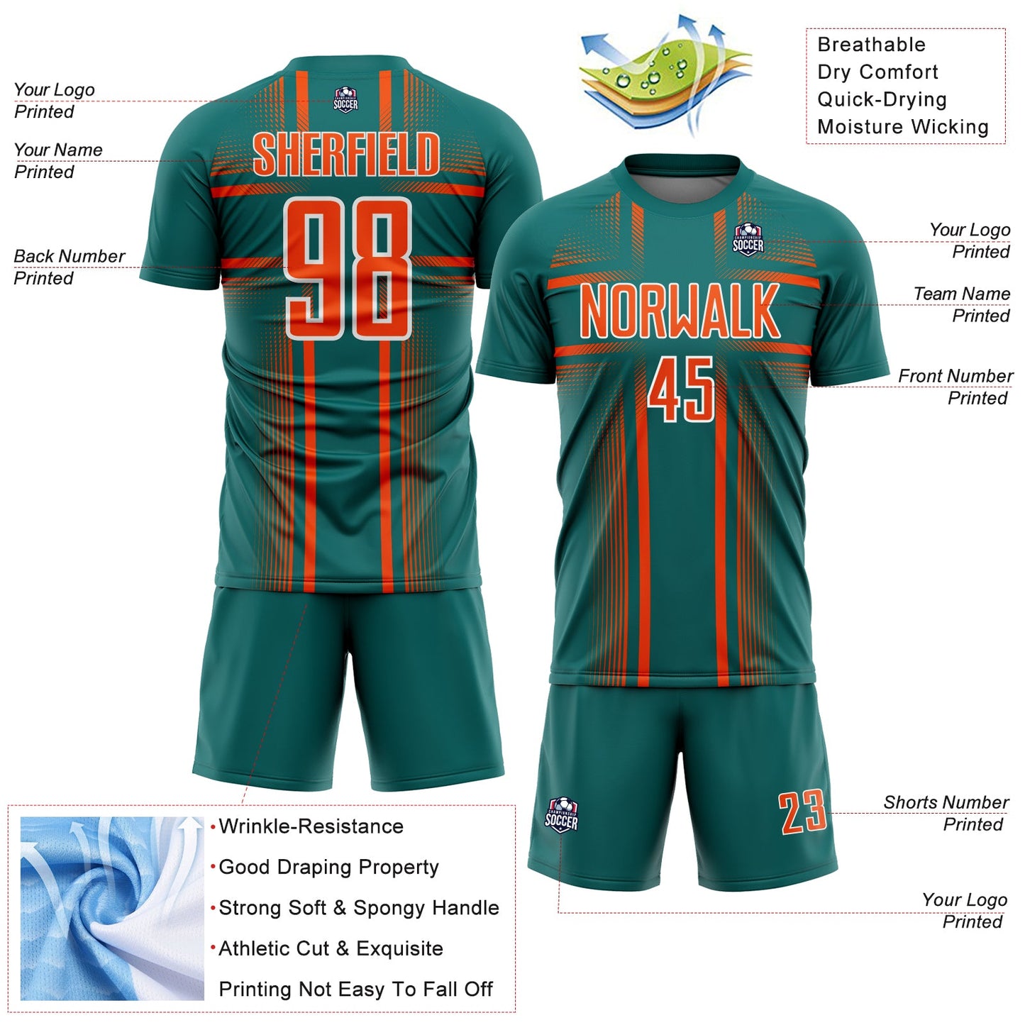 Custom Teal Orange-White Lines Sublimation Soccer Uniform Jersey Limited