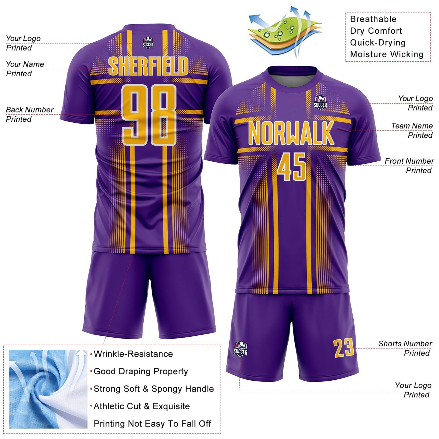 Custom Purple Gold-White Lines Sublimation Soccer Uniform Jersey Limited