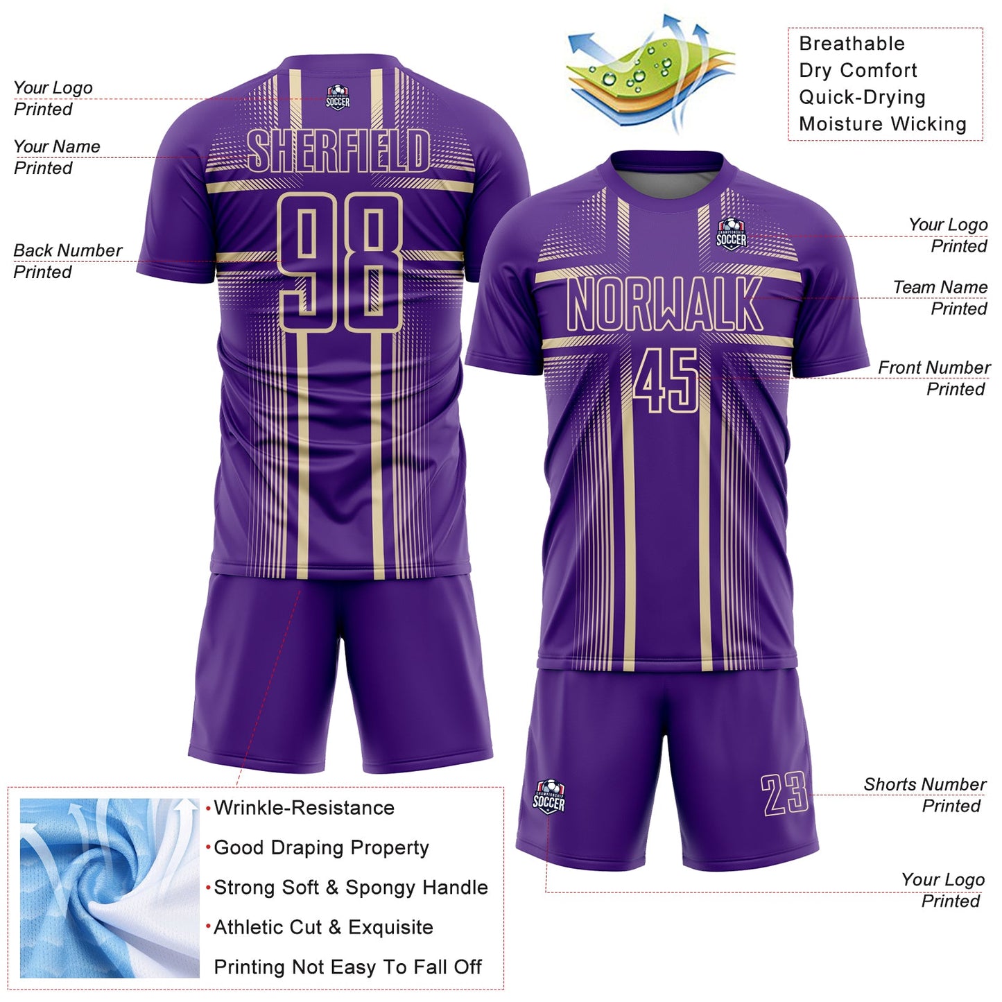 Custom Purple Cream Lines Sublimation Soccer Uniform Jersey Limited