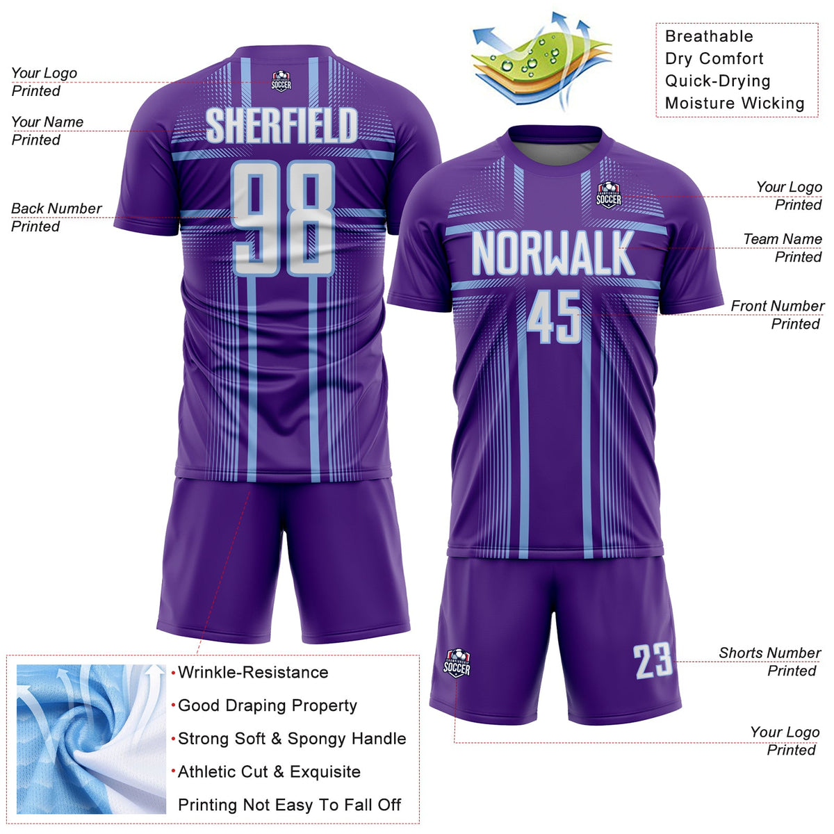 Custom Purple White-Light Blue Lines Sublimation Soccer Uniform Jersey Limited