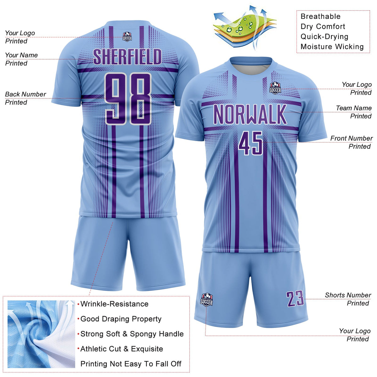 Custom Light Blue Purple-White Lines Sublimation Soccer Uniform Jersey Limited