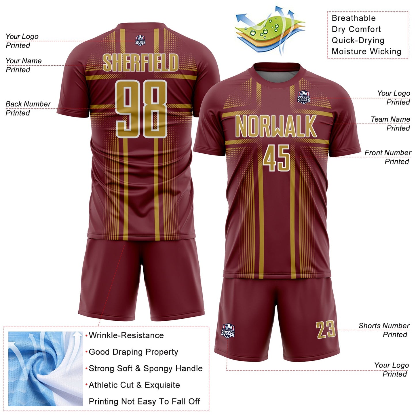 Custom Burgundy Old Gold-White Lines Sublimation Soccer Uniform Jersey Limited