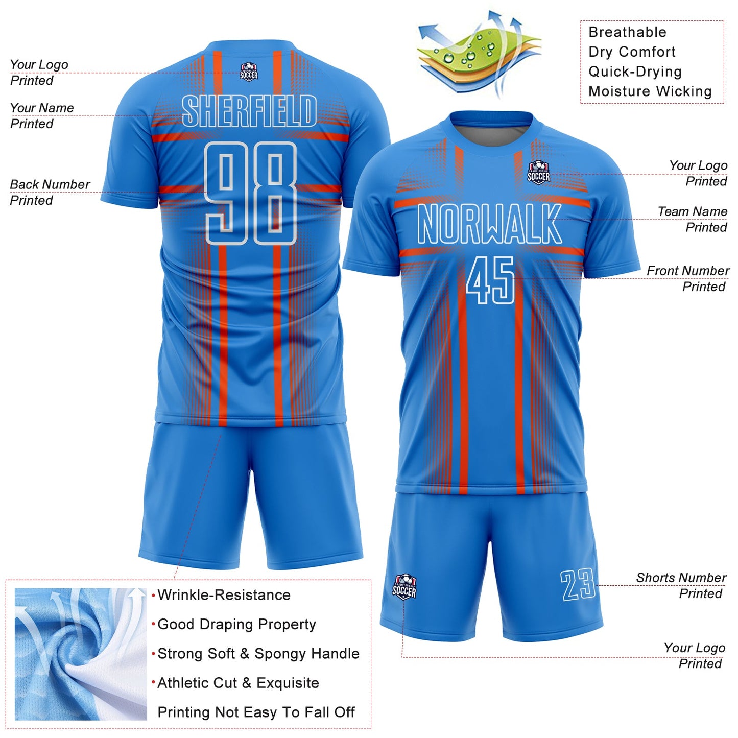 Custom Powder Blue Orange-White Lines Sublimation Soccer Uniform Jersey Limited