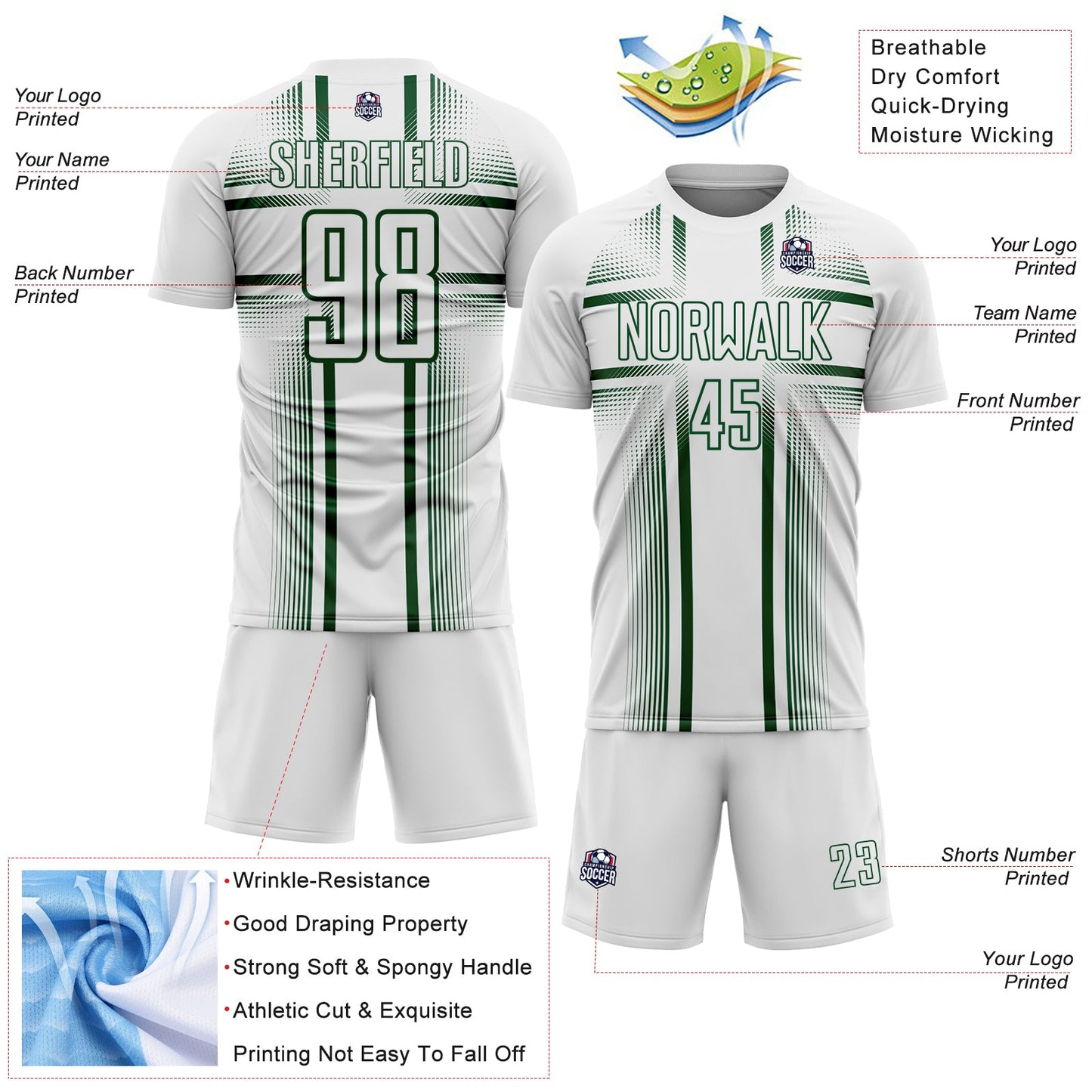 Custom White Green Lines Sublimation Soccer Uniform Jersey Limited