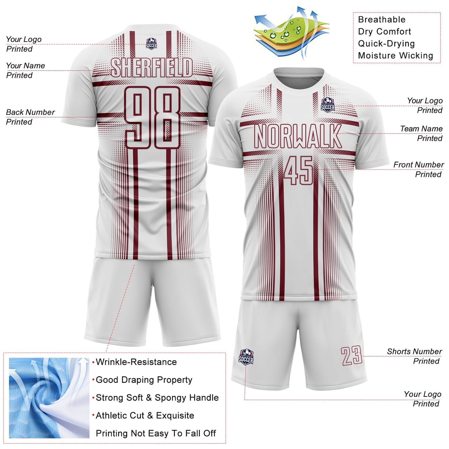 Custom White Burgundy Lines Sublimation Soccer Uniform Jersey Limited