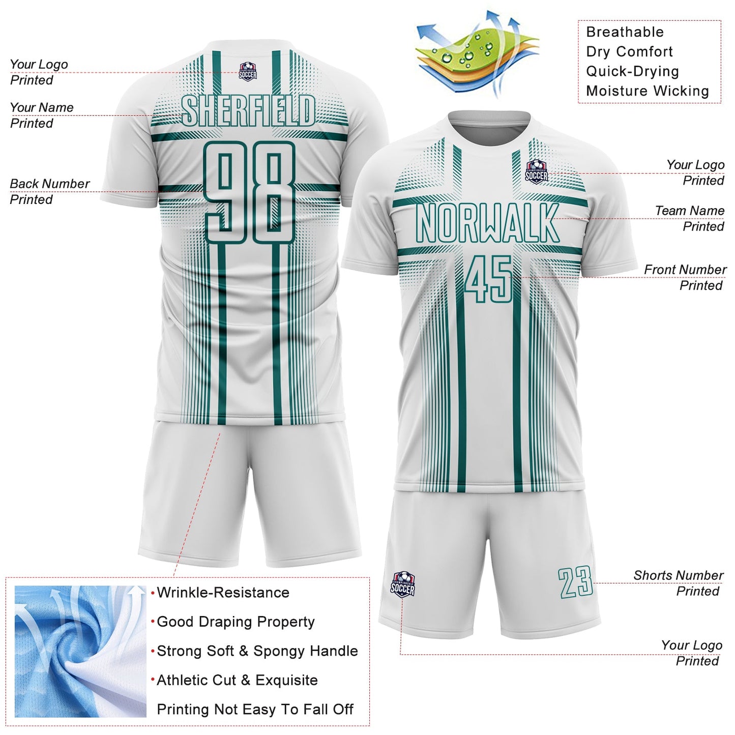 Custom White Teal Lines Sublimation Soccer Uniform Jersey Limited