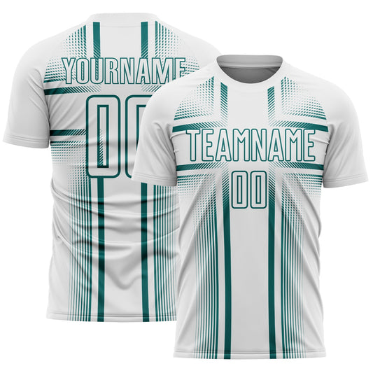 Custom White Teal Lines Sublimation Soccer Uniform Jersey