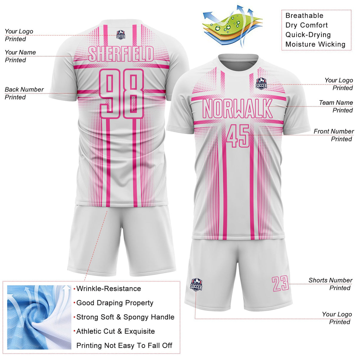 Custom White Pink Lines Sublimation Soccer Uniform Jersey Limited