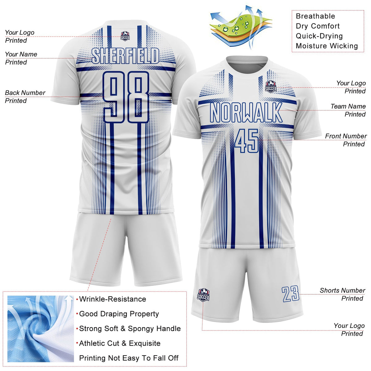 Custom White Royal Lines Sublimation Soccer Uniform Jersey Limited