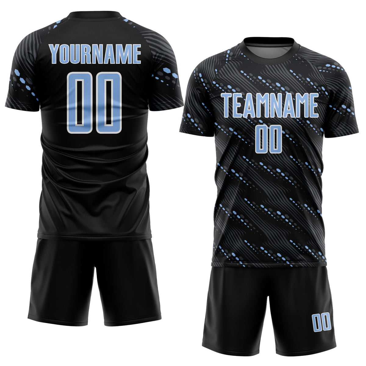 Custom Black Light Blue-White Slant Lines Sports Sublimation Soccer Uniform Jersey Limited