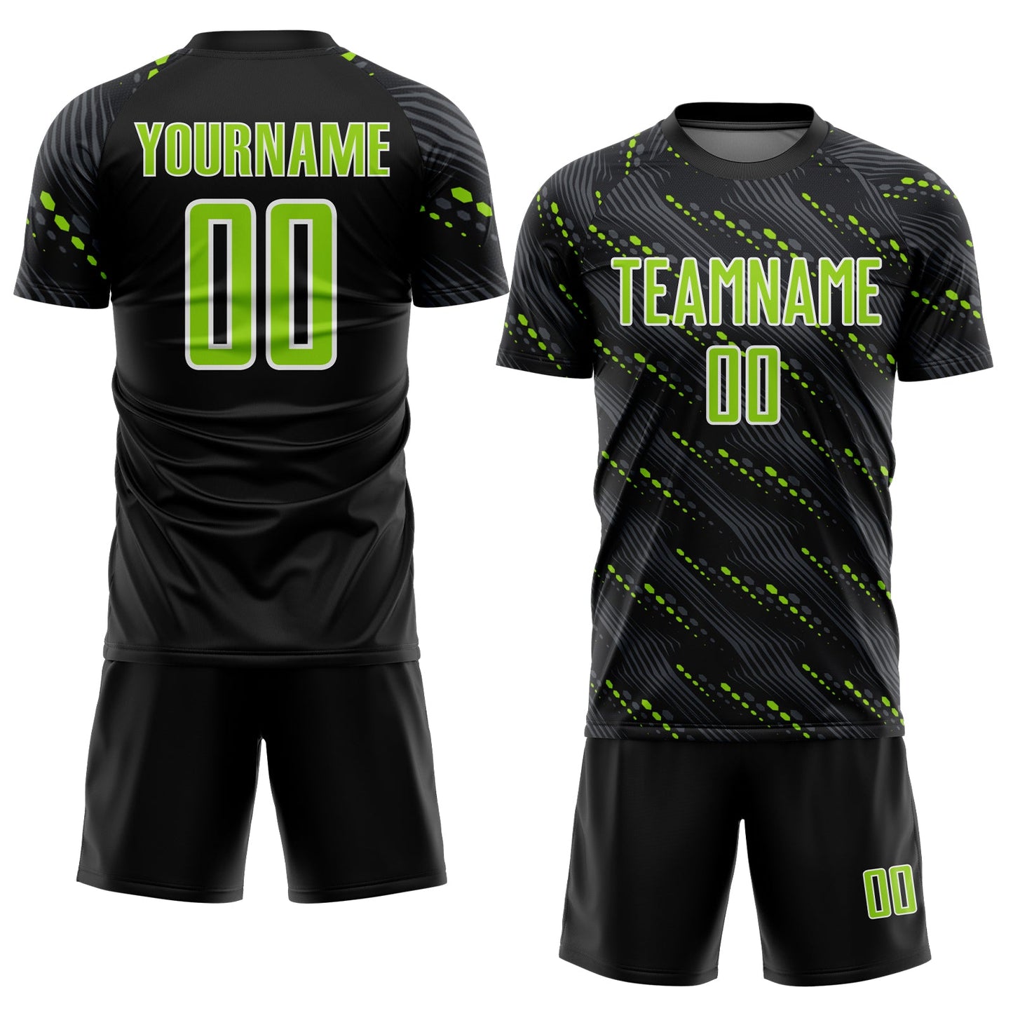 Custom Black Neon Green-White Slant Lines Sports Sublimation Soccer Uniform Jersey Limited