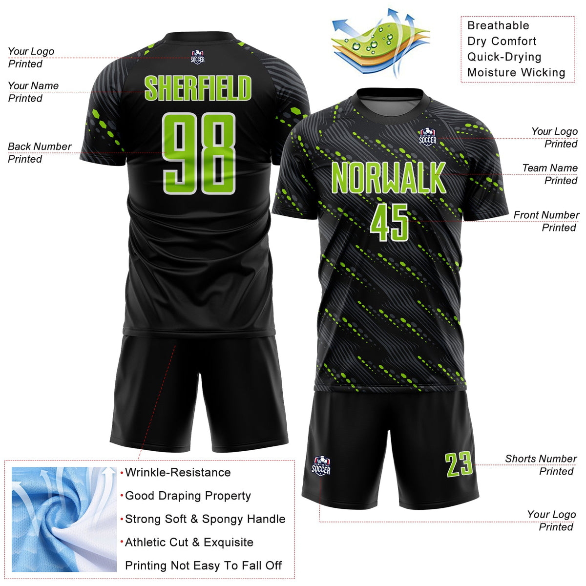 Custom Black Neon Green-White Slant Lines Sports Sublimation Soccer Uniform Jersey Limited