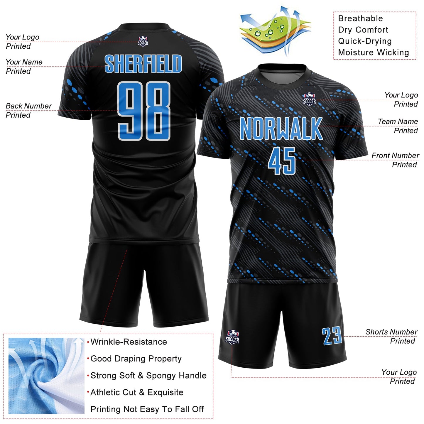 Custom Black Powder Blue-White Slant Lines Sports Sublimation Soccer Uniform Jersey Limited