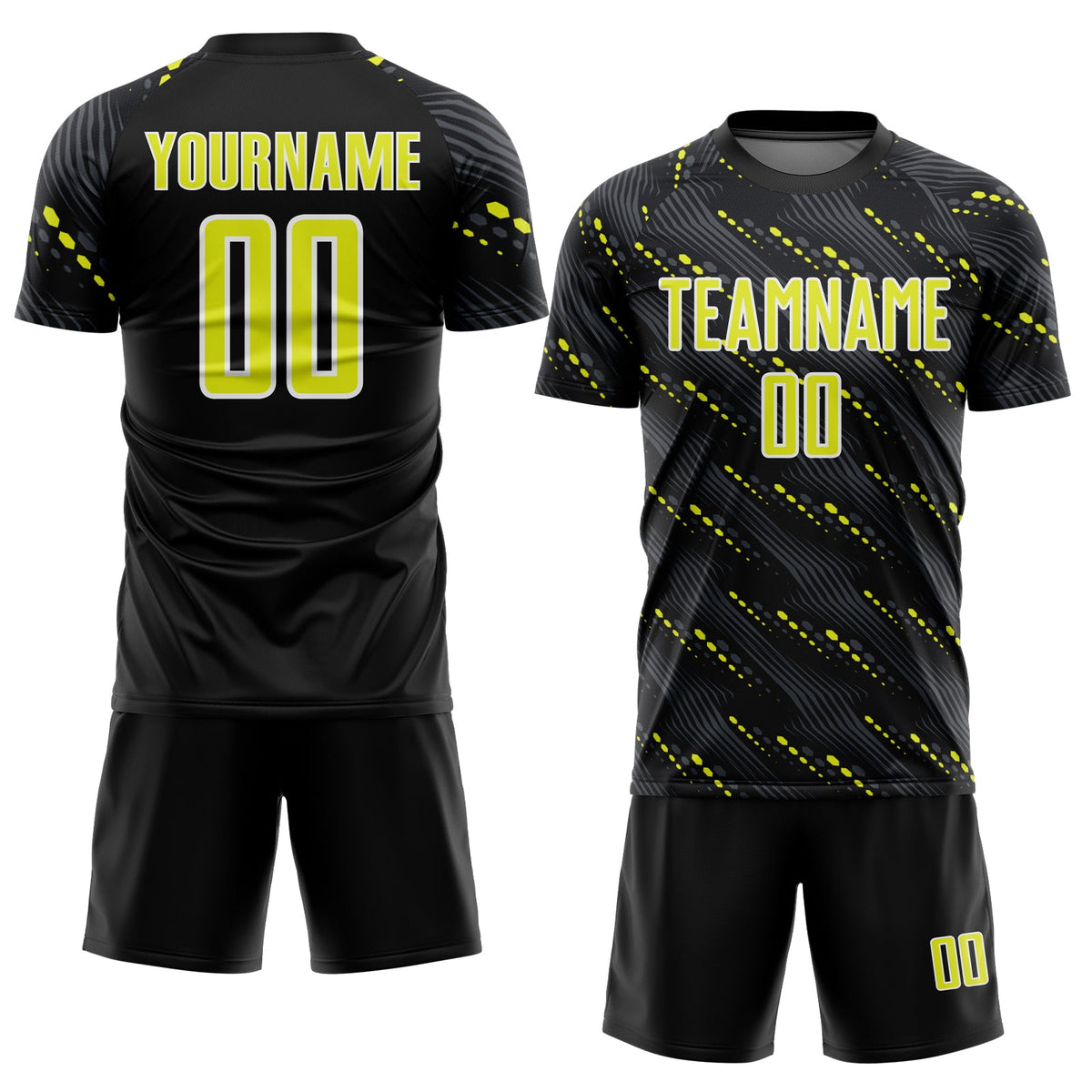 Custom Black Neon Yellow-White Slant Lines Sports Sublimation Soccer Uniform Jersey Limited