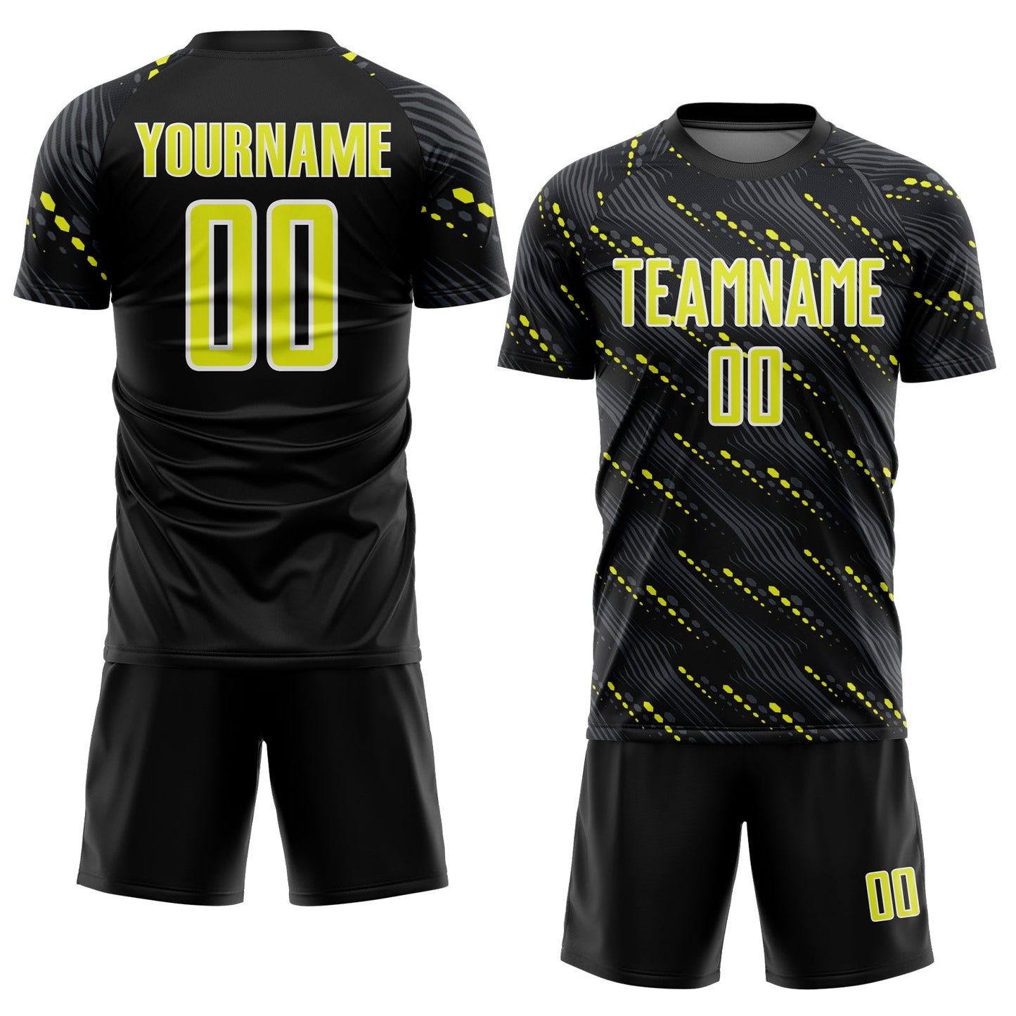Custom Black Neon Yellow-White Slant Lines Sports Sublimation Soccer Uniform Jersey Limited