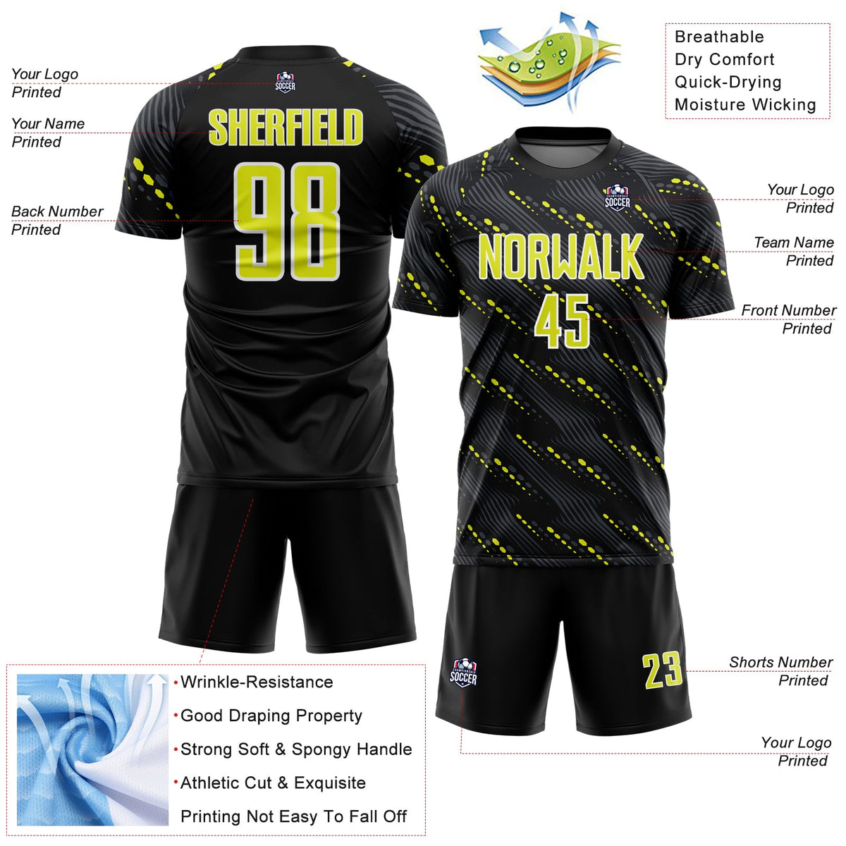 Custom Black Neon Yellow-White Slant Lines Sports Sublimation Soccer Uniform Jersey Limited