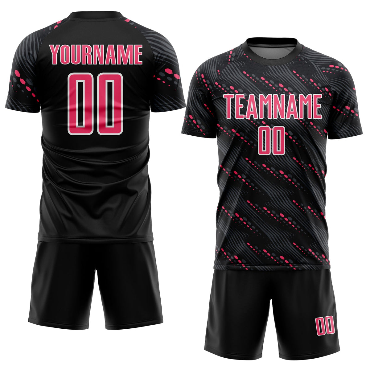 Custom Black Neon Pink-White Slant Lines Sports Sublimation Soccer Uniform Jersey Limited