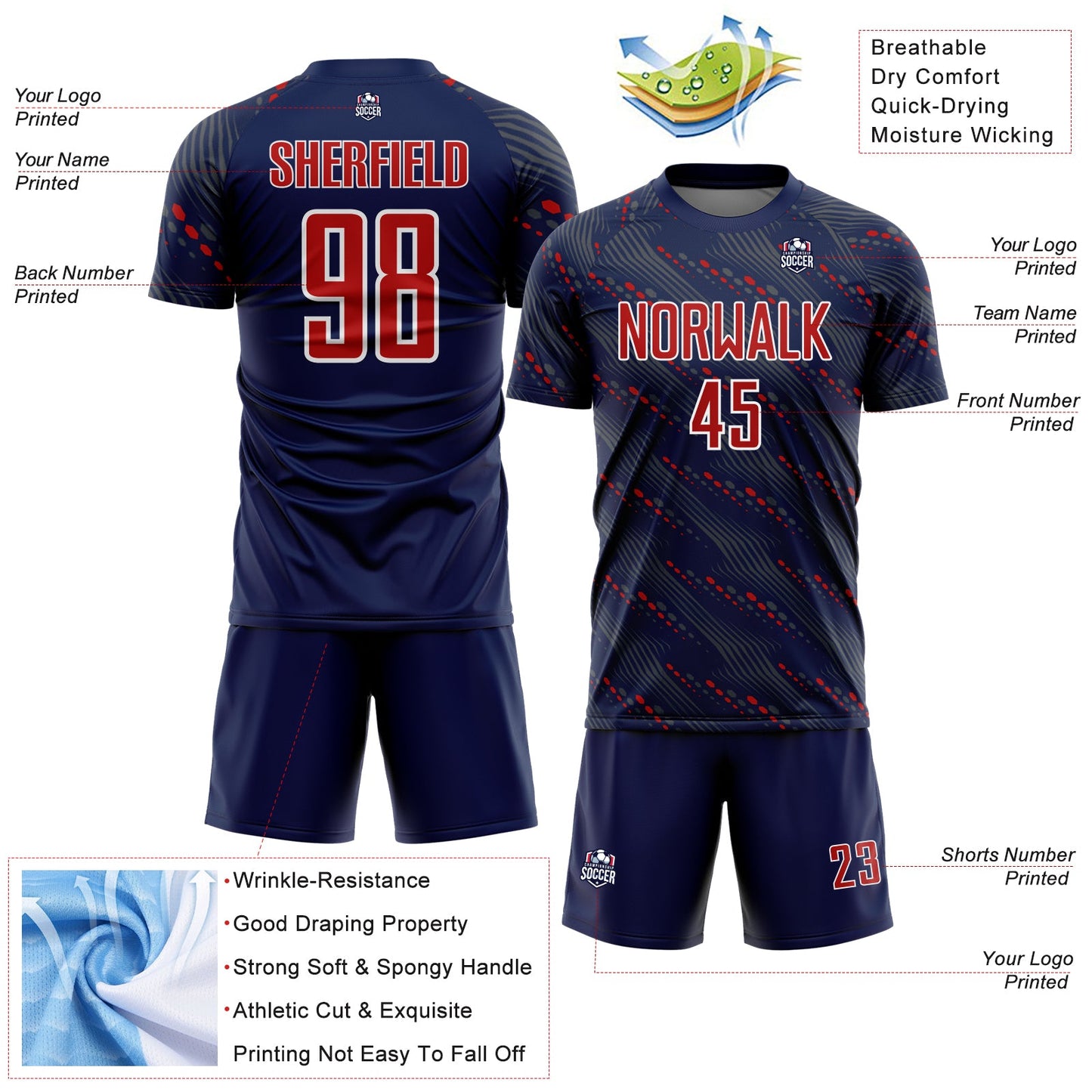 Custom Navy Red-White Slant Lines Sports Sublimation Soccer Uniform Jersey Limited